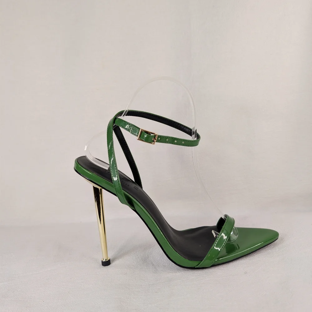 I AM FEMME Emerald Green Patent Stiletto Sandals Gold Heel Motivational Sole 8.5